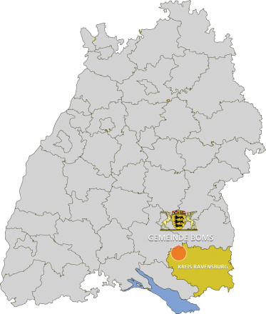 "Geografische Position der Gemeinde Boms in Baden Württemberg"